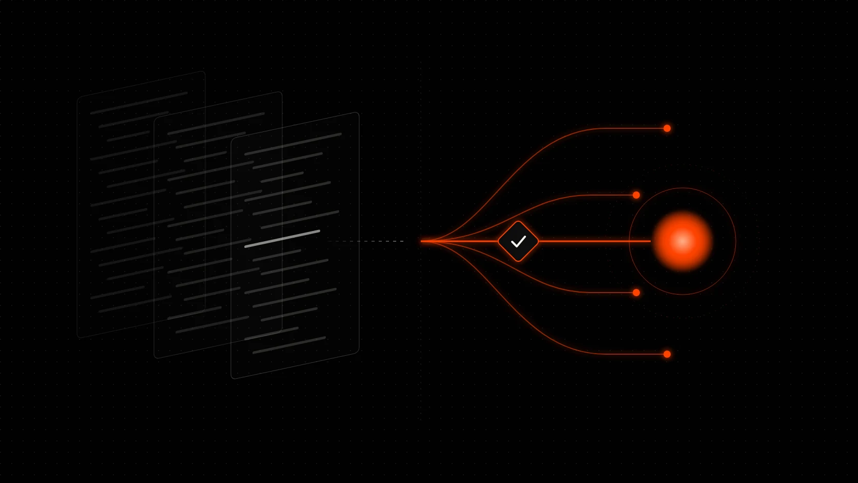 Abstract Vulnix illustration: a code blueprint on one side, live attack paths reaching a running system on the other