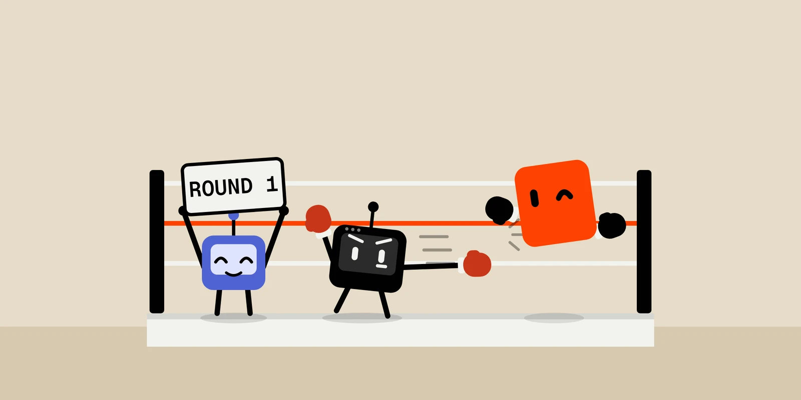 A friendly sparring match in a boxing ring: a coding-agent robot throws a jab, Dot, the Vulnix character, hops clear of it with a wink, and a second robot holds up a Round 1 card