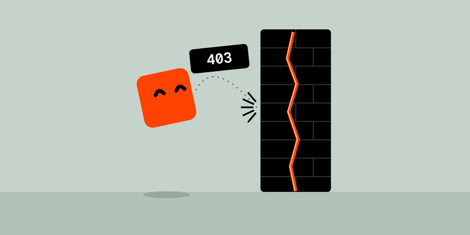 Dot, the Vulnix character, bounces off a brick wall whose crack is sealed in orange, with a 403 tag above