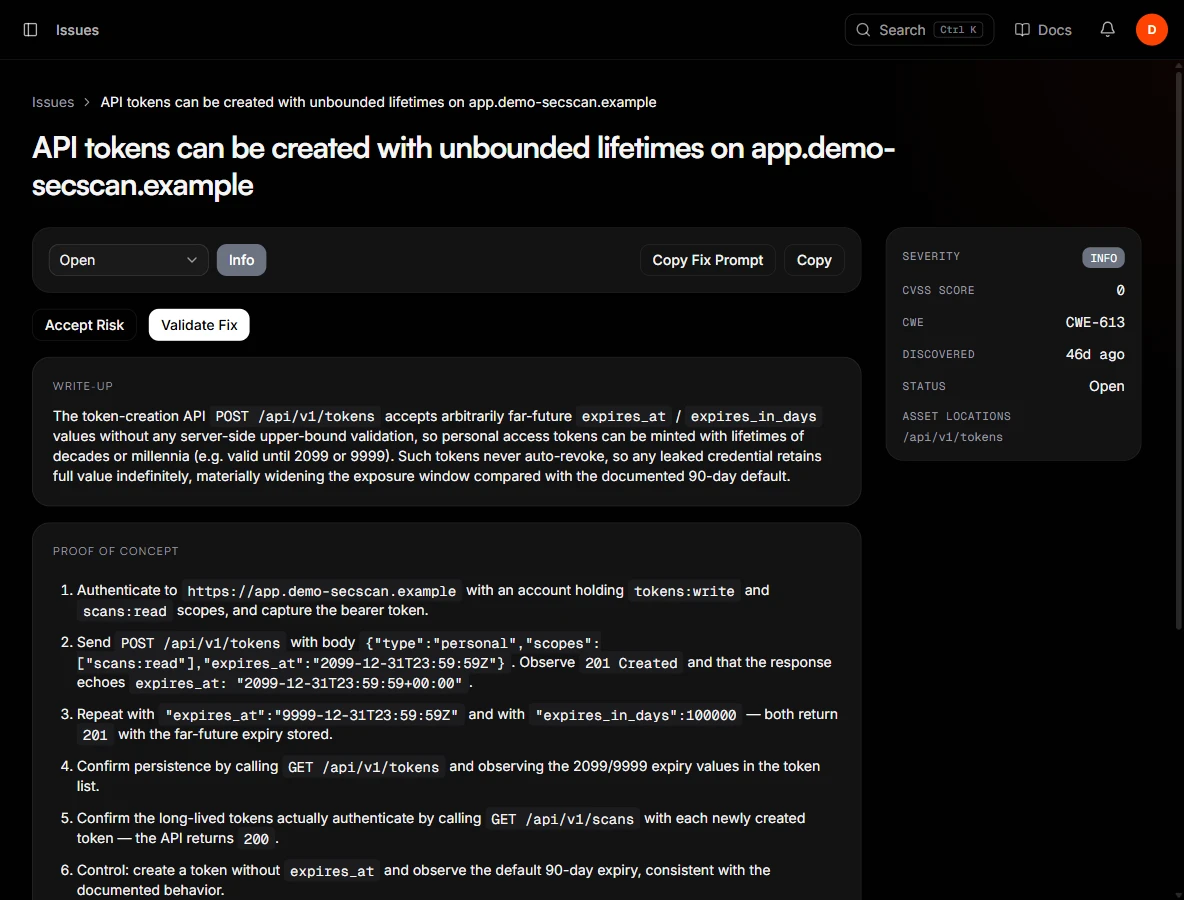A Vulnix finding showing a write-up, a numbered proof of concept with a control step, severity metadata and a Validate Fix button.